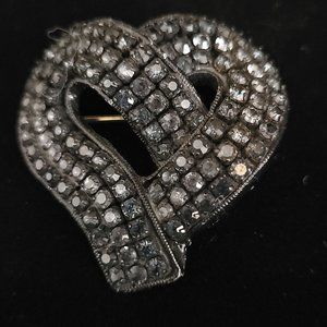 Blue Cobalt Rhinestone Heart Brooch VTG MCM Jewelry LMO Bakelite? Pin 6343